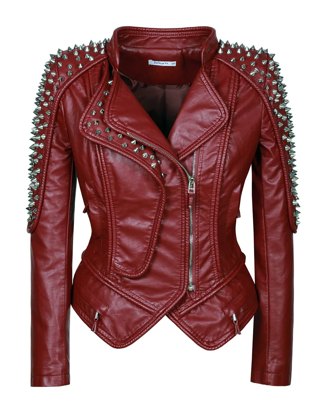 New European American Fashion Women's PU Stand Collar Motorcycle Jacket Slim Fit Short Rivet Personaliz Lapel Faux Leather Coat