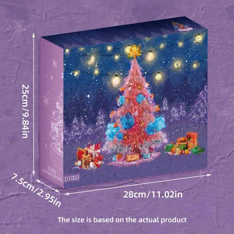 Bloques de construcción de caja de música de luz de árbol de Navidad rosa, modelo de Rosa transparente, ladrillos, regalos románticos de vacaciones para adultos, juguetes para niños