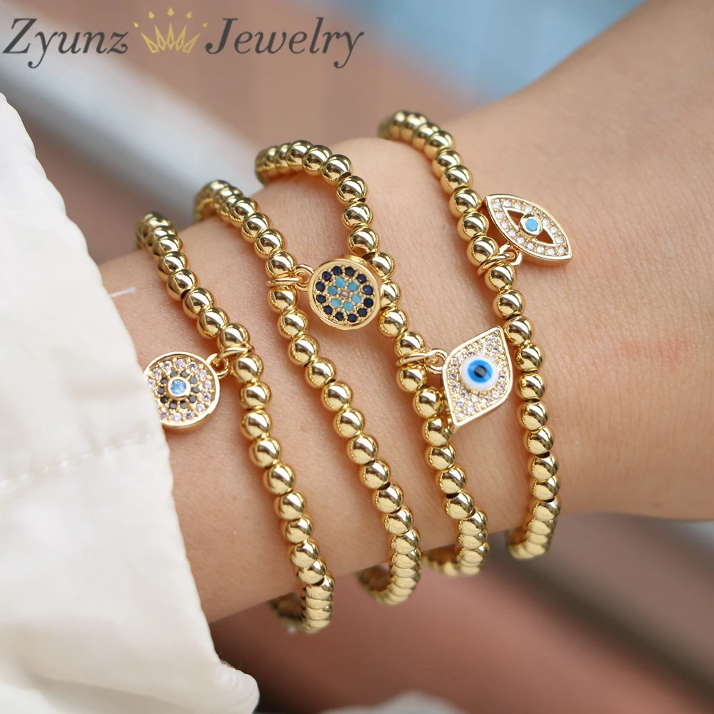 

5PCS, Gold Evil Eye Bracelet Turkish CZ Crystal Charm Bracelets For Women Elastic Chain Fashion Bead Jewelry