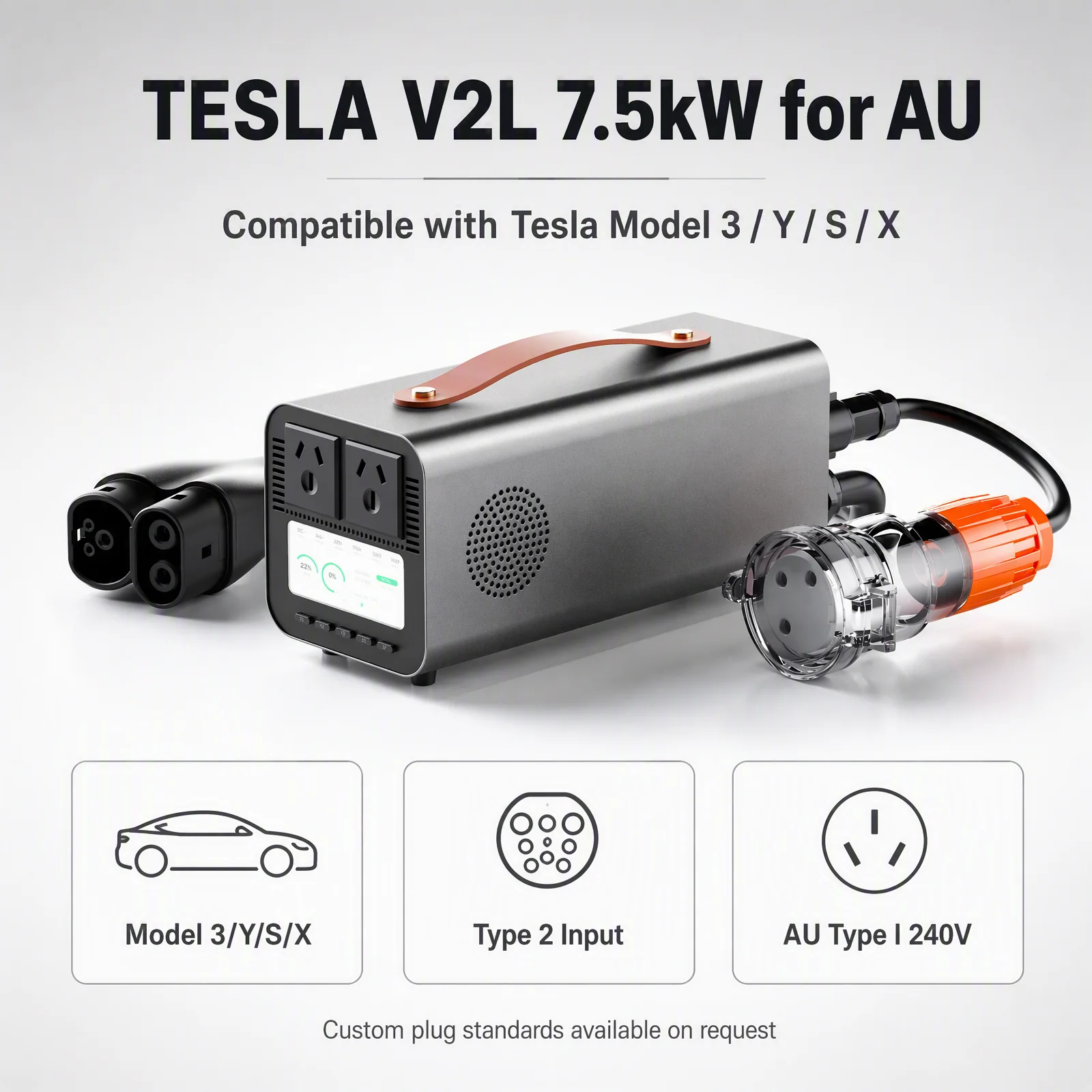 7.5KW Pro V2L Discharge Gun CCS2 for Tesla Model 3 Y S X AU Standard 240V Type I 32A Camping EV Power