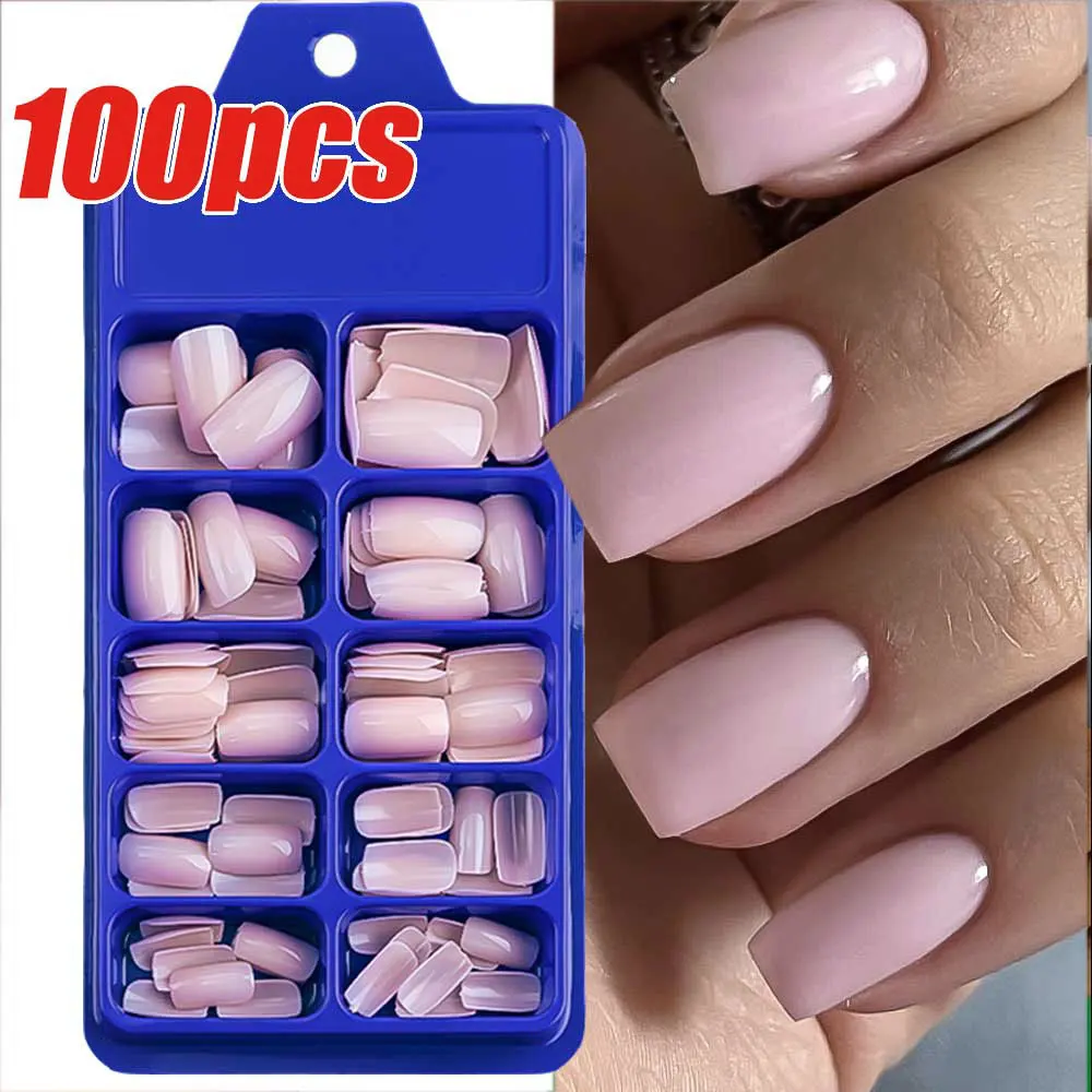 100Pcs Jasnoróżowy Press on Nails Short Medium Square Fake Nail Tips 10 rozmiarów Wielokrotnego użytku Full Cover False Nails Finger Decoration
