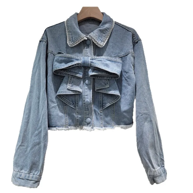 2025 Autumn Winter New Design Sense Bow Collar Lace Frayed Blue Denim Jacket Women's Jean Jacket Trendy Fashion Female Coat