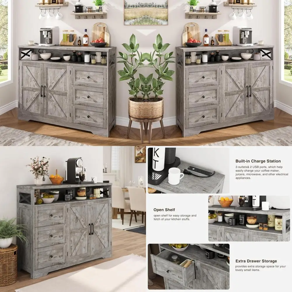 

47-Inch Farmhouse Style Sideboard Buffet Cabinet with Charging Station, 3 Drawers, Coffee Bar, Microwave Stand, Rustic Design