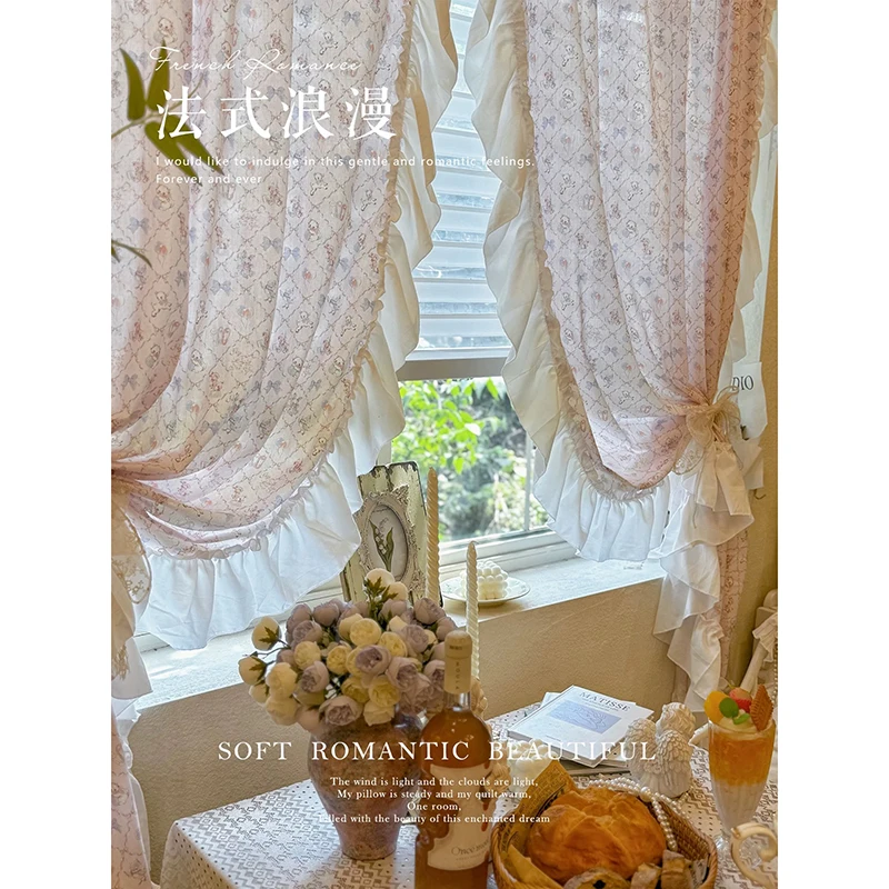 

Korean Sweet Pink Bow Pattern Curtains Cloth for Living Room Warp Ruffled Floral Curtains for Bedroom Kitchen #A669