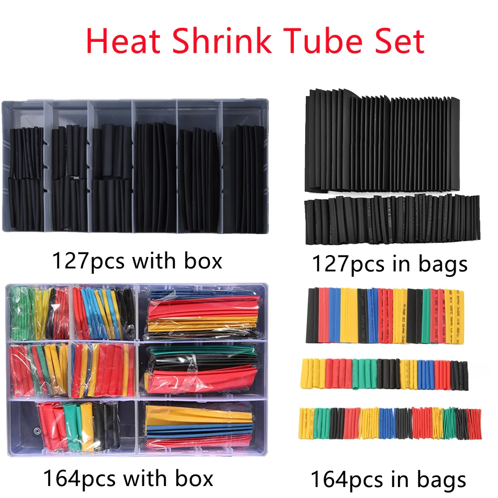 127/164 Pcs Heat Shrink Sleeving Tube Tube Assortment Kit Electrical Connection Electrical Wire Wrap Cable Waterproof Shrinkage