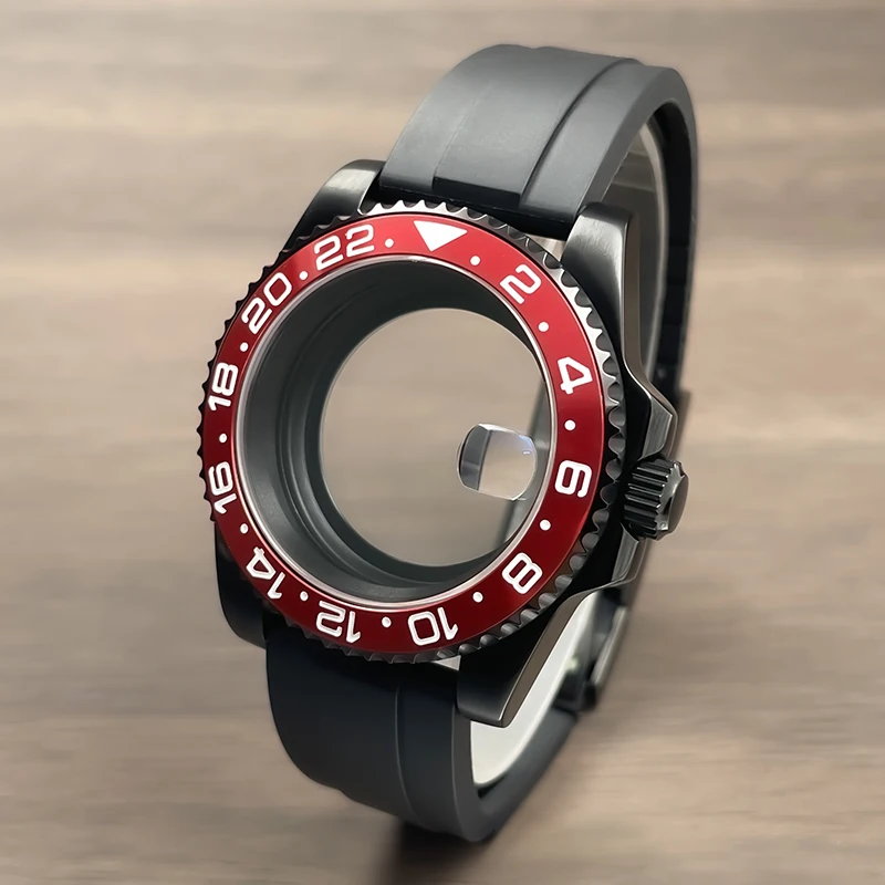 40mm NH35 Case Full Black Sub Rubber Strap Sapphire Glass Stainless Steel Seik Mod For NH34 NH35 NH36 Movement Watch Case