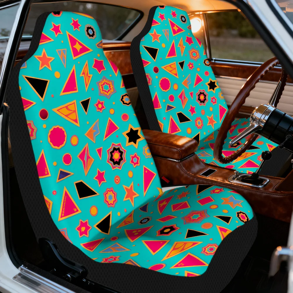 2D Flat Printing, 2pcs, Vibrant Geometric Teal 80s Art Print Car Seat Covers, Fit For Cars, SUVs, Trucks With Washable Fabric, E
