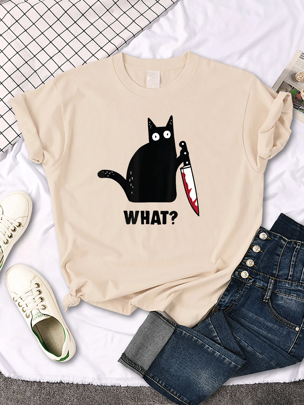 Funny Cat Printing Tshirts Women Street Hip Hop Clothes Summer Breathable Short Sleeve Cool Soft Breathable T-Shirt Female