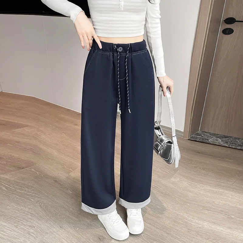 Loose High Waist Wide Leg Jeans Casual Style Cuffed Straight Leg Pants Autumn Collection Slimming Effect for Shorter Figures