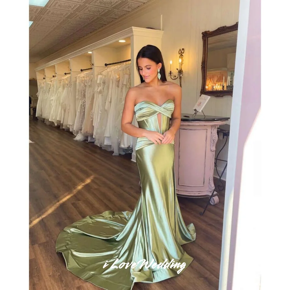Green Sweetheart Evening Dresses 2025 Sleeveless Pleated Backless Mermaid Sweep Train Prom Dress Wedding Party Dress Customized