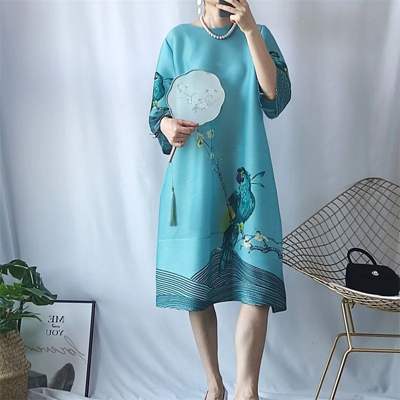 Long Dresses Evening Dresses Summer Pleated Retro Temperament Plus Size Loose Pleated Skirt Palace Flower-and-Bird Print Dress