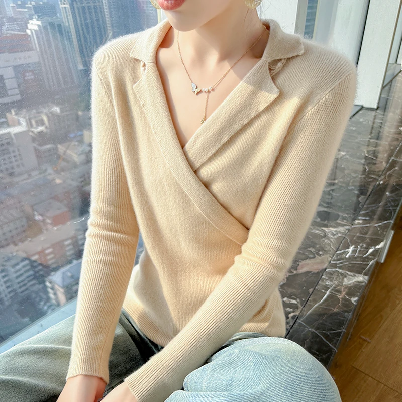 Autumn Knitted 100% Wool Tops For Women Casual Solid V-Neck Tight Elastic Sexy Fashion Cross Lady Sweater Long Sleeve Pullover