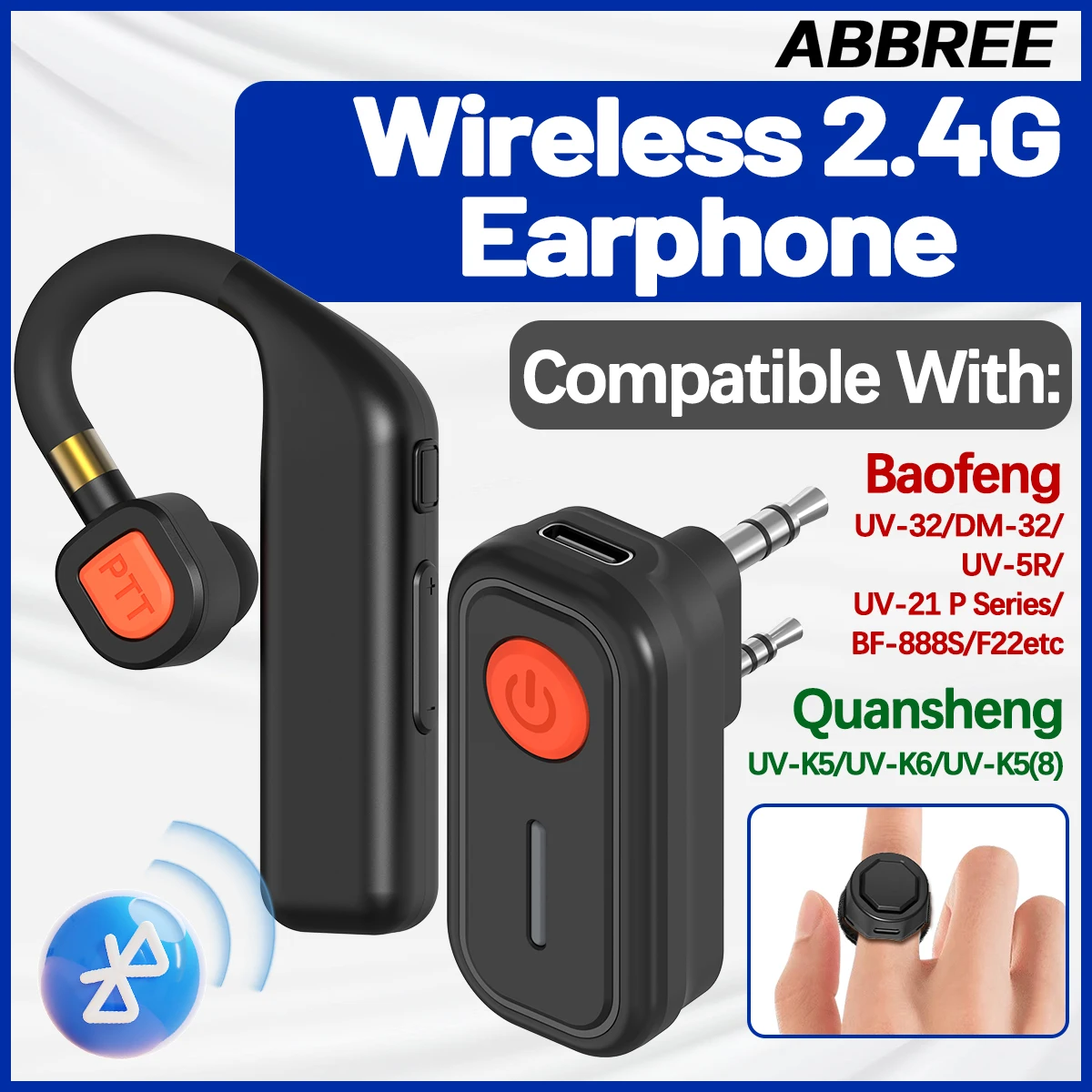 ABBREE BT-E2/E1 Walkie Talkie Wireless Headset 2.4G  Earphone Noise Reduction 2 Pin for Baofeng Quansheng Two Way Radio