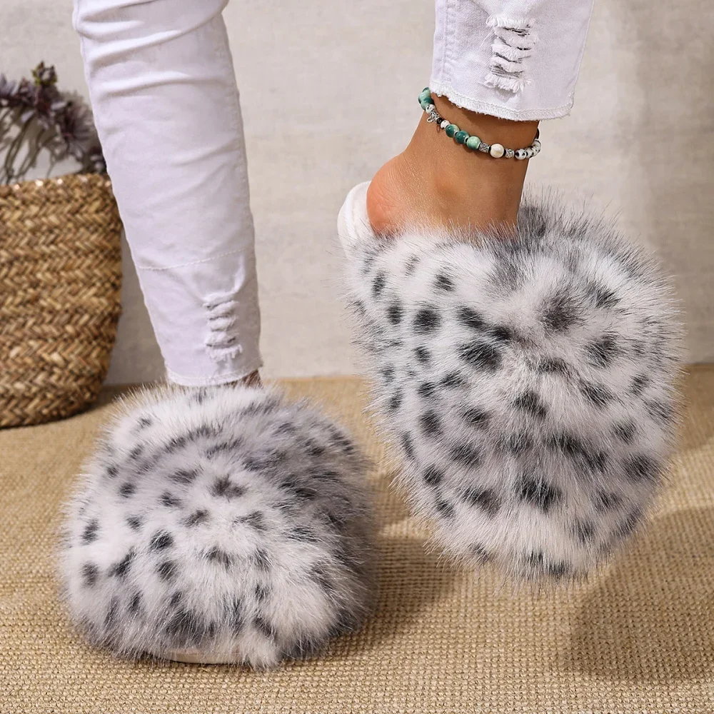 Damen Warme Hausschuhe Plüsch Leopardenfell Flauschige Pantoffeln Große Größen Geschlossene Zehenpartie Flache Sandalen Weiche Bequeme Schuhe für Frauen – Detail 12