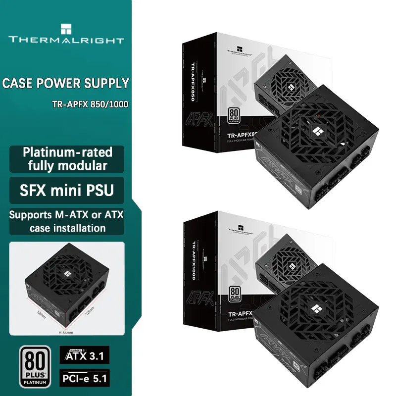 Fonte de alimentação pequena totalmente modular Thermalright TR-APFX850/1000 Black Platinum SFX ATX 3.1 PCIE 5.1 com todos os capacitores japoneses.