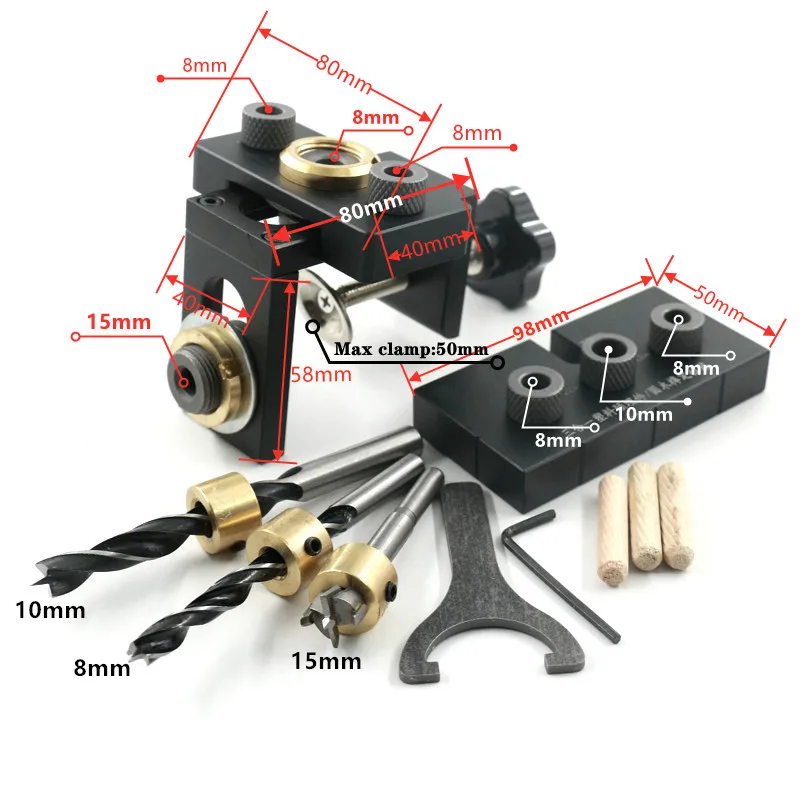 3 In 1 Woodworking Doweling Jig Kit with Positioning Clip with 8/15mm Drill Bit for Drilling Guide Locator Puncher Tool Dropship