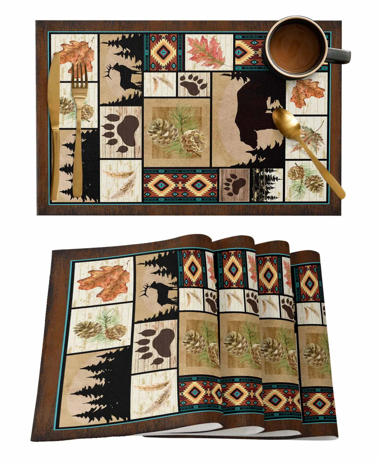 Forest Bear Deer Maple Leaf Pine Fruit Bohemian Vintage Table Runner Coffee Tablecloth Wedding Modern Table Runners Table Mats