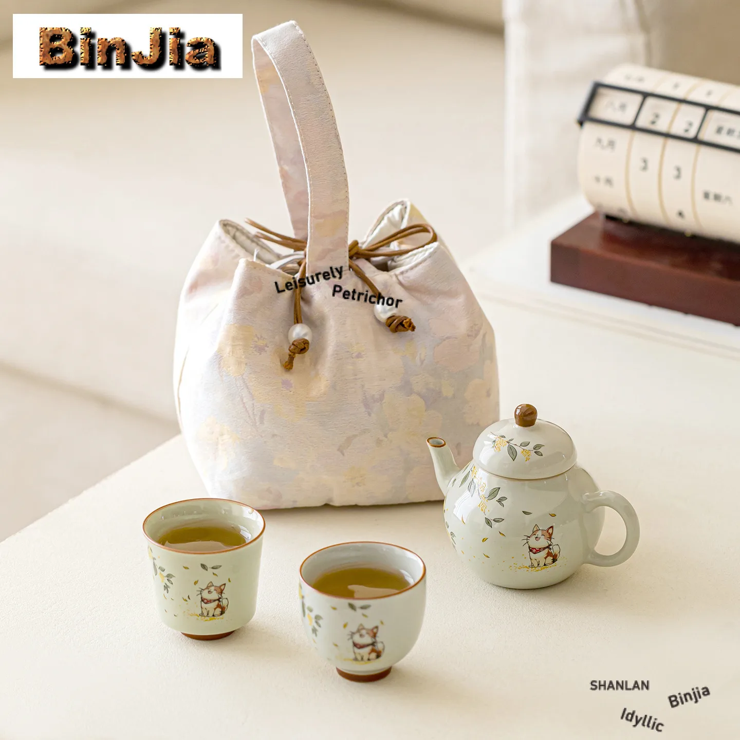Hand Painted Osmanthus Kitten Travel Tea Set Kit Luxury 1 Pot 2 Cups Tea Maker Organizer Portable Camping Stock Bags Ornaments
