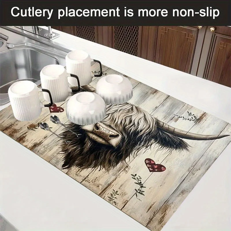 Cute Highland Cow Heart Print Stove Top Cover, Non-Slip Stove Protector Mat, Decorative Gas Cooktop Pad, Fun Kitchen Decor