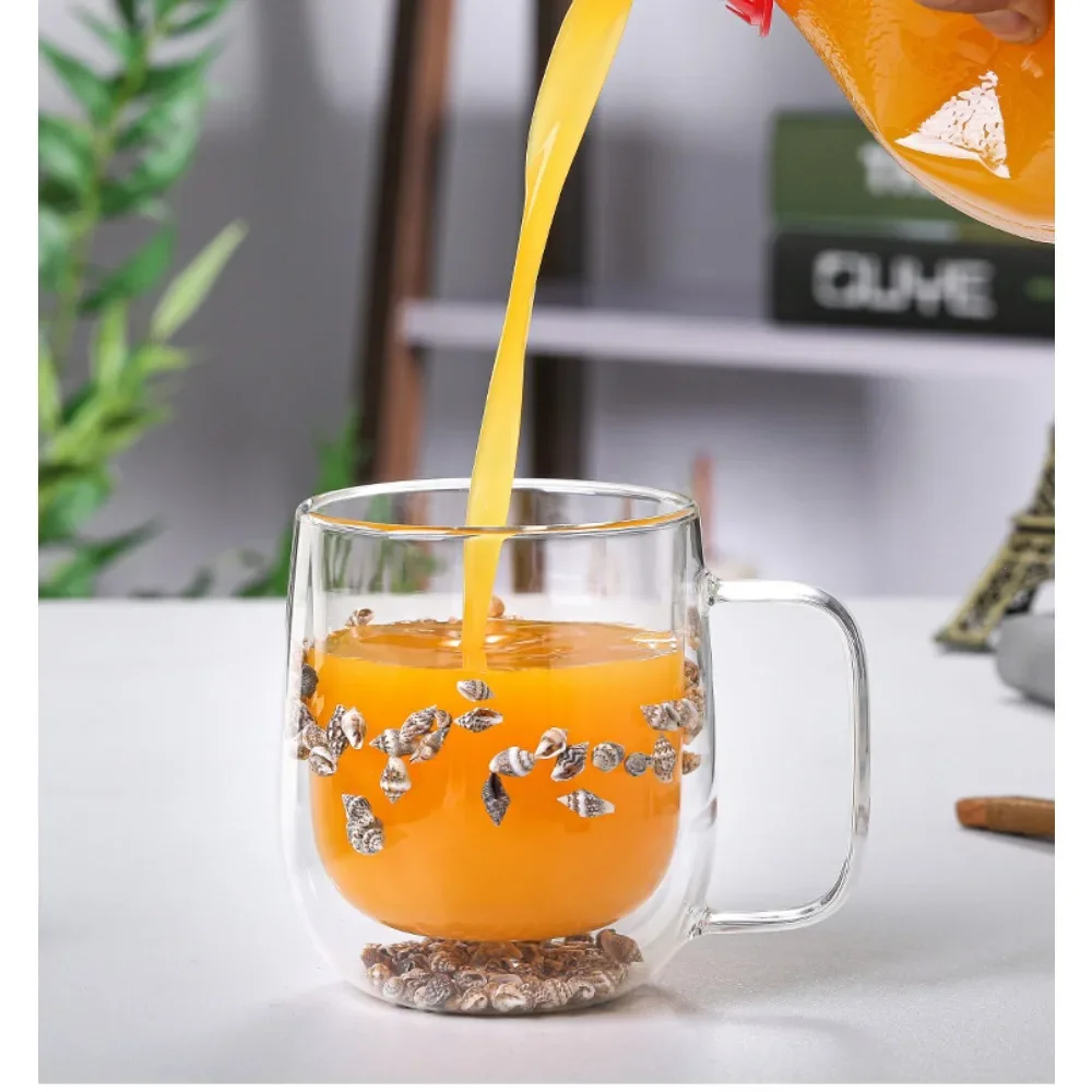 

Multicolor Double Wall Coffee Mug with Handles Clear Milk Cups Gifts Glass Cup Fill Artificial Simulation Flowers Tea Cup