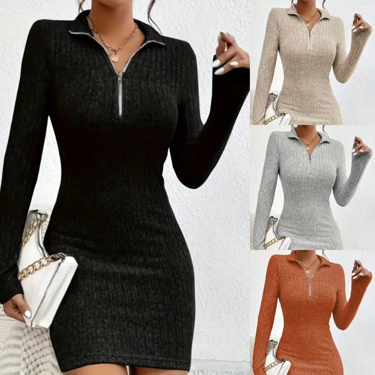 2025 outono/inverno nova cor sólida versátil camisa de malha emagrecimento e emagrecimento, gola com zíper, vestido de abraço de quadril