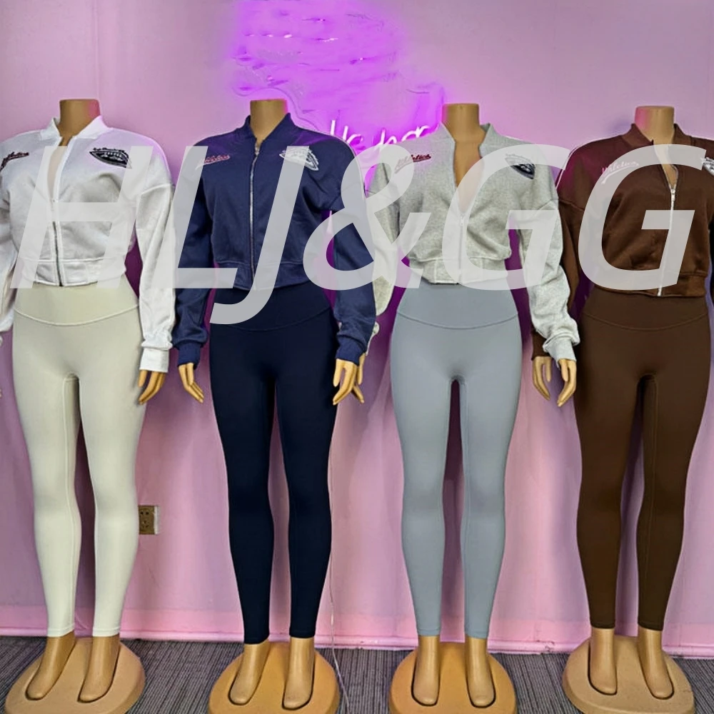 HLJ&GG Autumn Winter Embroidery Letter Jacket Two Piece Sets Women Zip Long Sleeve Crop Top And Skinny Pants Outfits Tracksuits