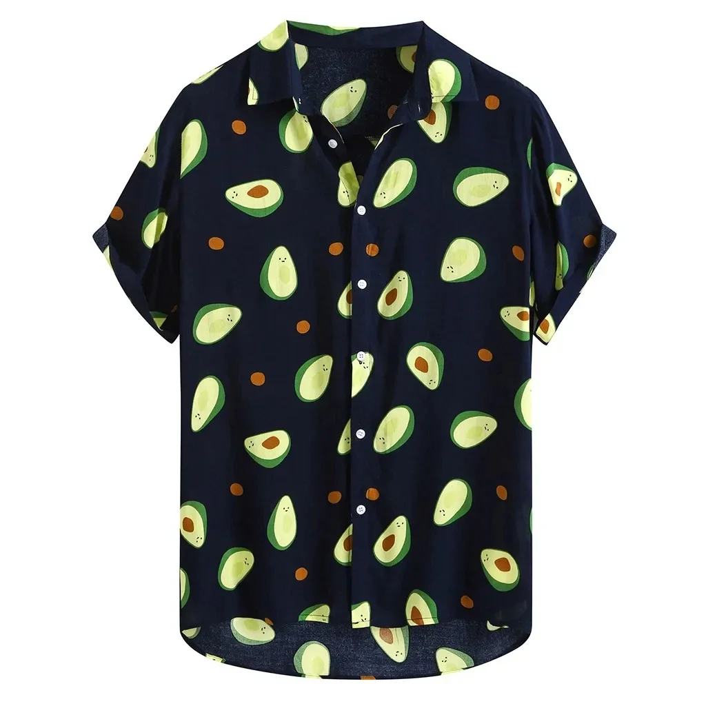 

Men's 3D avocado print unisex summer shirt, casual, loose, tropical, Hawaiian, short-sleeved, high quality, button