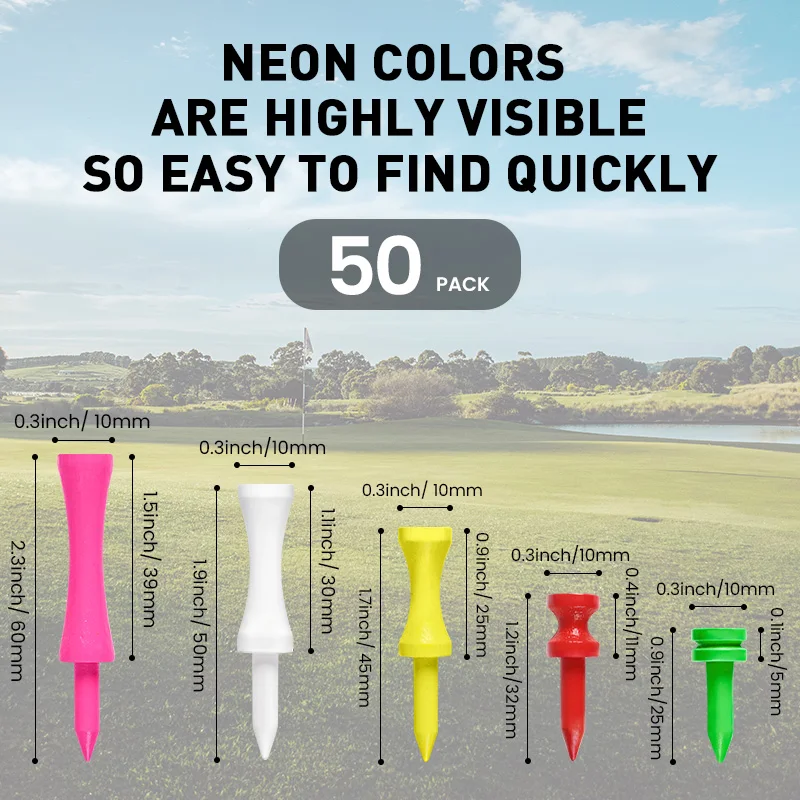 Castle Golf Tees Wood Value 50 Pack, Step Down Tees with 5 Different Sizes for Consistent Height & High Visibility