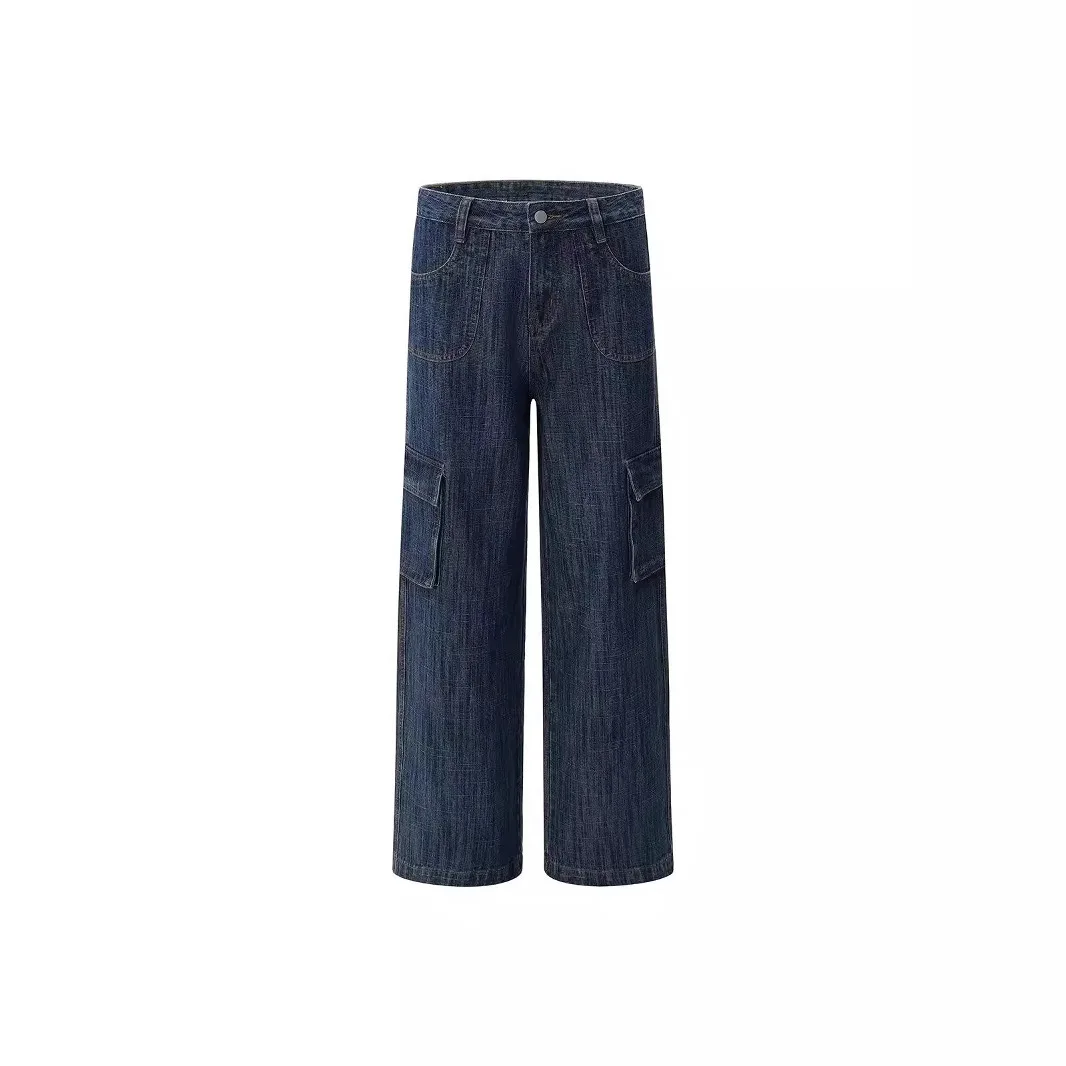 Jeans fiammato vintage a righe scure Pantaloni larghi cargo multitasche a gamba dritta da uomo