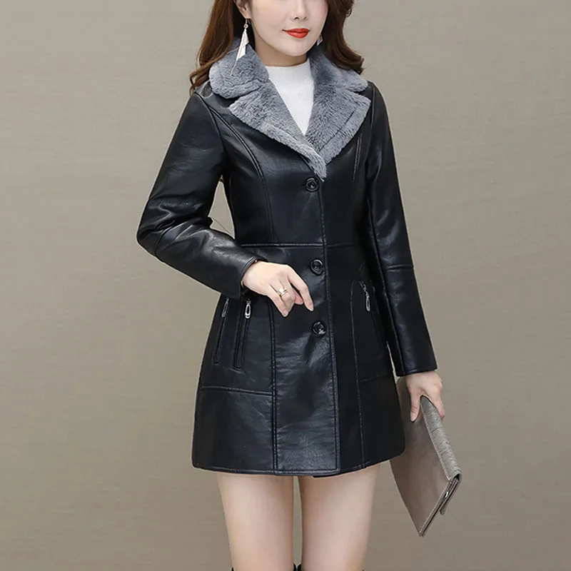 Womens Leather Windbreaker Plus Velvet Thick PU Leather Cotton Coat Long Suit Collar Large Size Fashion Warm Leather Jackets