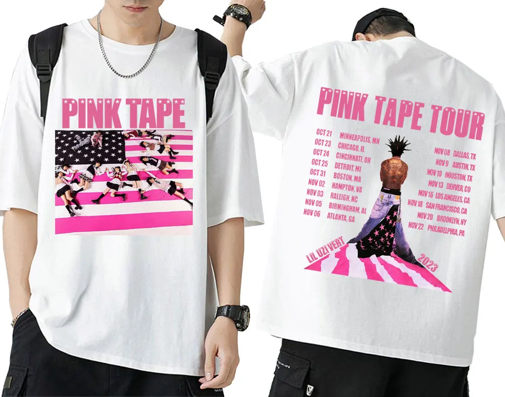 Rapper Lil Uzi Vert T Shirt 2023 Concert Tour Pink Tape Graphic T-shirt Men's Hip Hop Short Sleeve T-shirts Oversized Streetwear