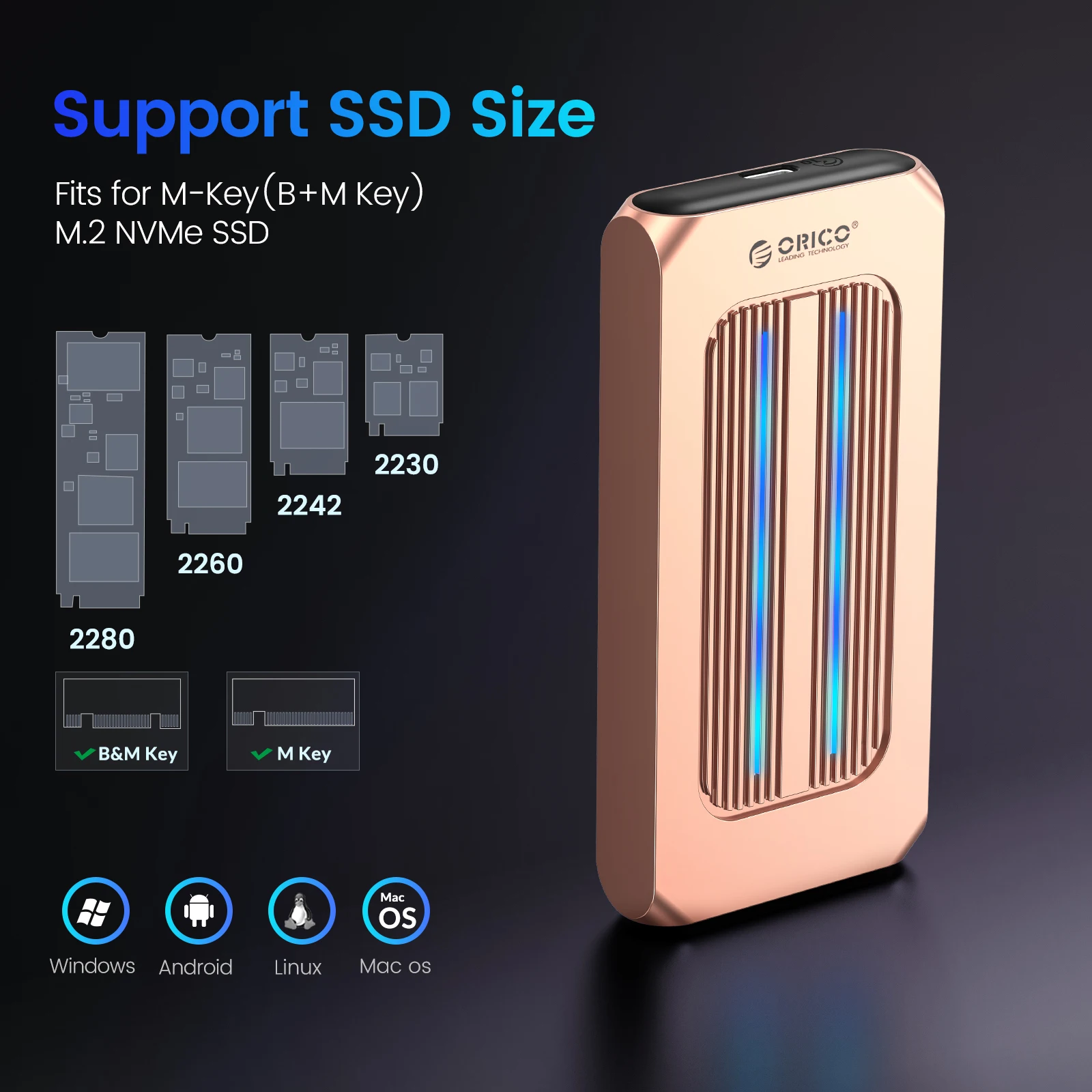 ORICO-Boîtier SSD RVB M.2, 10Gbps, M2 NVMe, tout en aluminium, USB 3.1, Gen2, Solid State Drive pour Gamer Video Edition