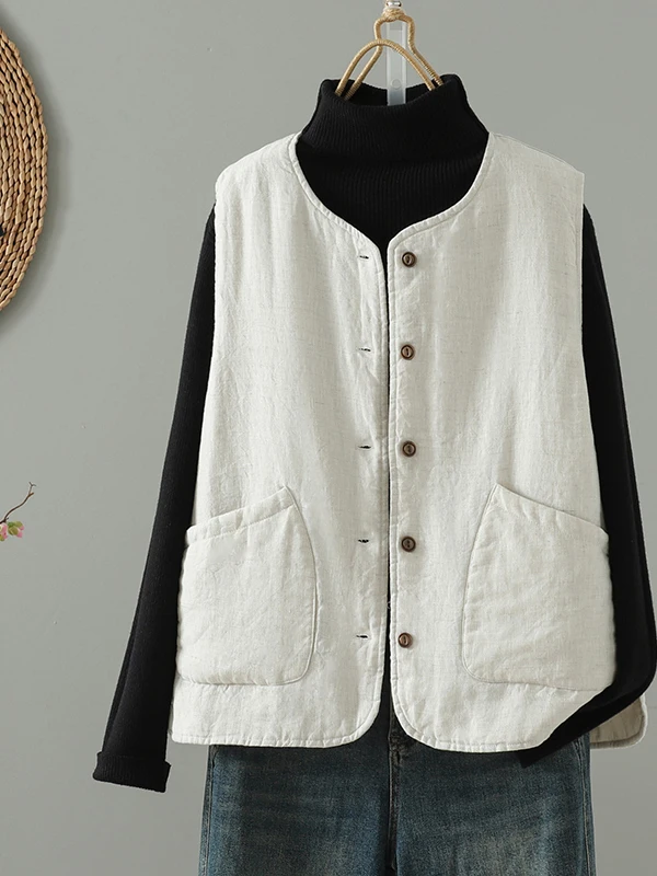 

Authentic Cotton Linen Winter Vest Warm Non-Sved Jaet Thiened Long Sve round Ne Commute Sle Women's Coat