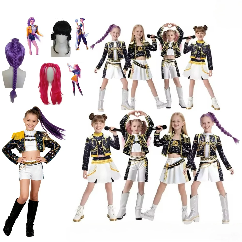 مجموعة أزياء K-Pop Hunter Witch لأداء الرقص والهالوين |   تتضمن سترة وتنورة وربطة عنق وشعر مستعار مطابق للرقص