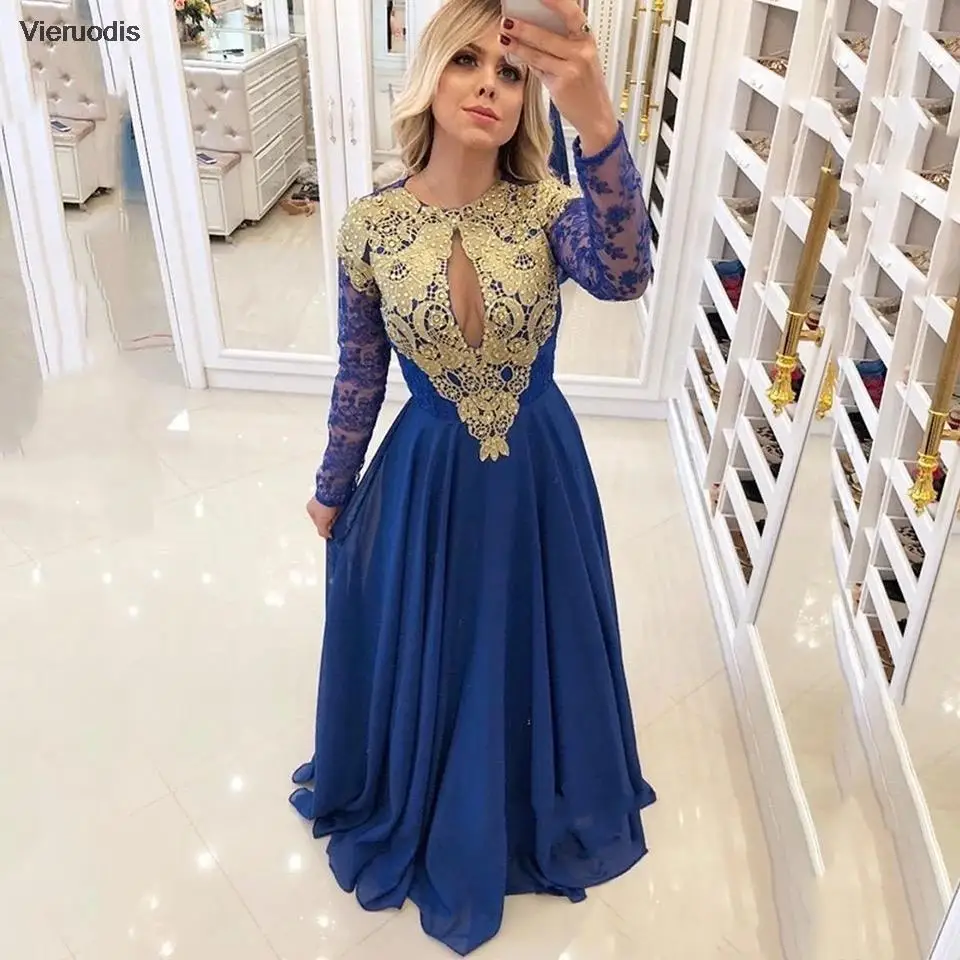 Vestidos de Noche de encaje dorado, vestido Sexy recortado de manga larga con cuello redondo y apliques de satén, elegante vestido azul para fiesta de graduación, corte en A, largo hasta el suelo, 2022