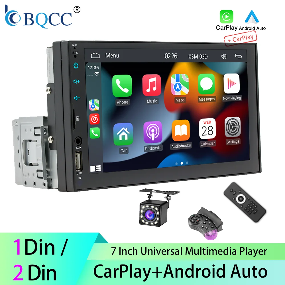 BQCC 7 Inch 1Din 2Din Car Radio Carplay Android Auto Multimedia Player HD Touch  Screen FM AUX BT MirrorLink Universal Car Audio