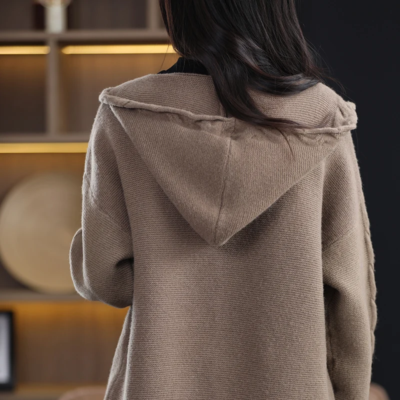 2023 Spring New Cashmere Cardigan Women's Korean Casual Knitted Jacket 100% Pure Wool Loose Fashion Hooded Cardigan Coat Sweater