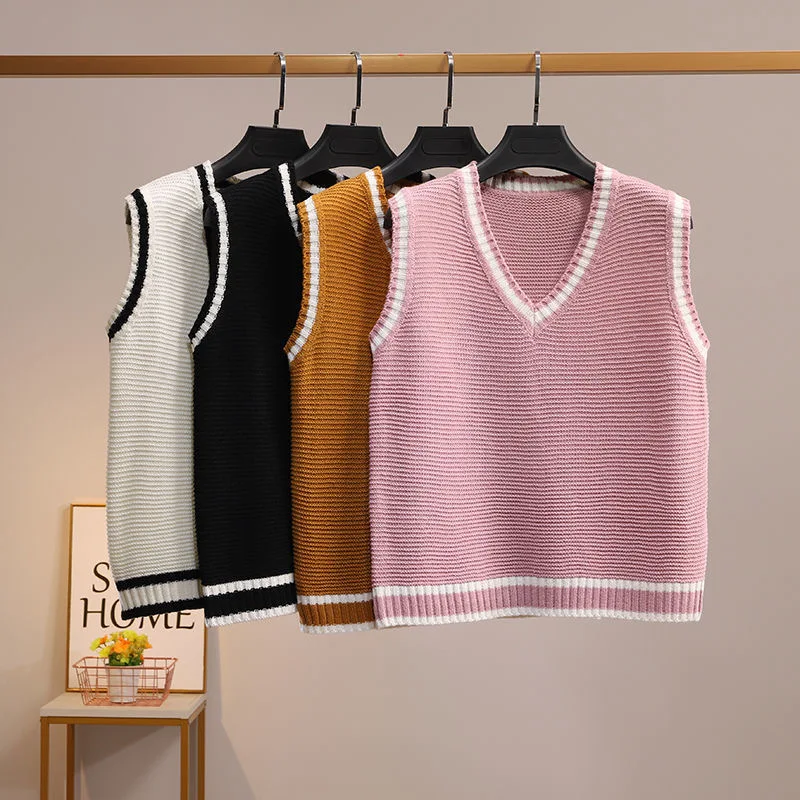 Contrast-Color V-neck Pullover Vest Spring Autumn Women\'s Sleeveless Knit Coat Korean Style School Ladies Girls Sweater Tank Top