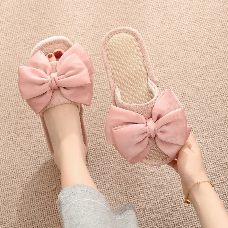 New 2024 Fashion Bow Linen Slippers Spring and Summer Indoor Open Toe Slippers Cotton Linen Women\'s Sandals