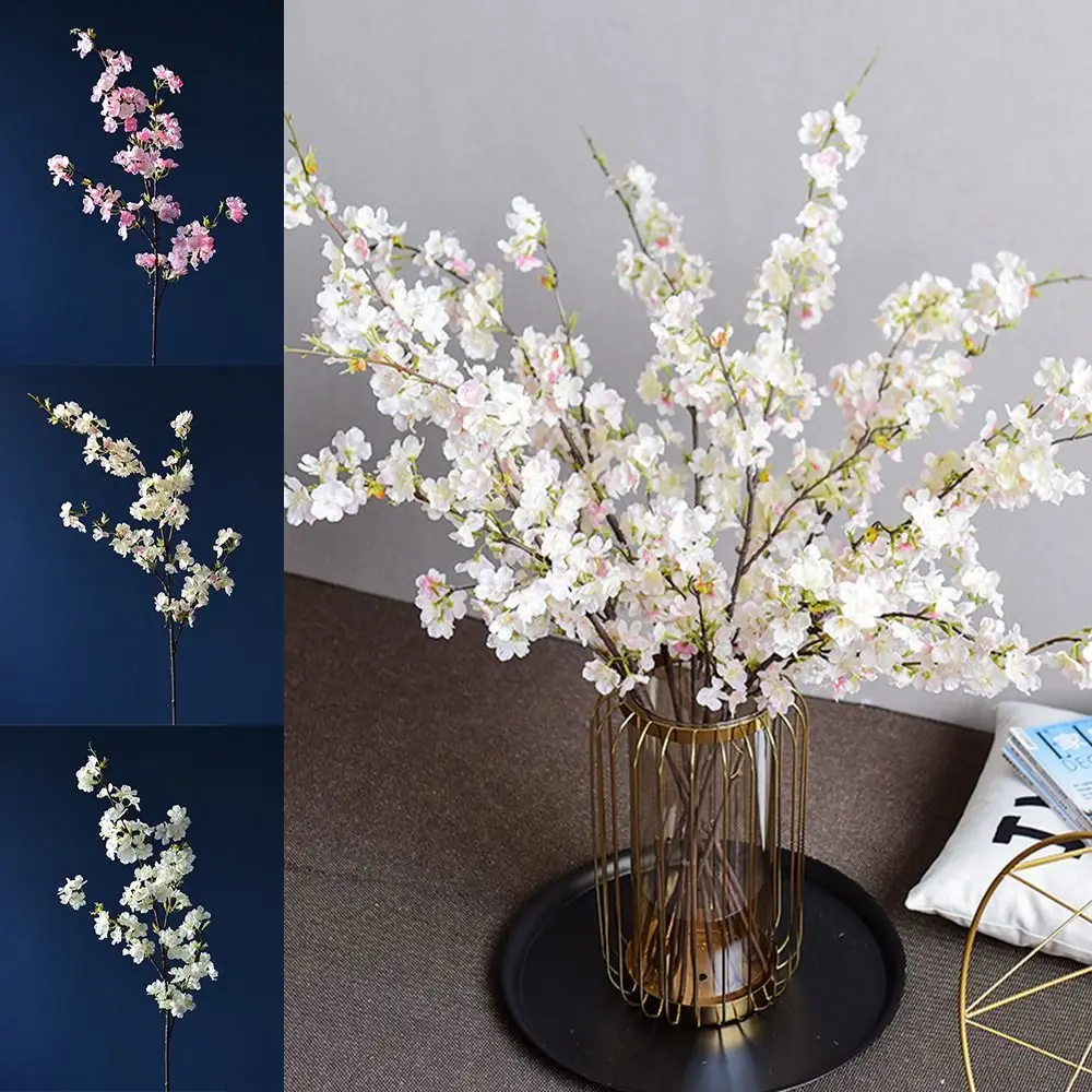 Home Decoration Flower Arrangement Cherry Blossom Branch Silk Handmade Artificial Cherry Blossom Floral Art 4-pronged Wedding