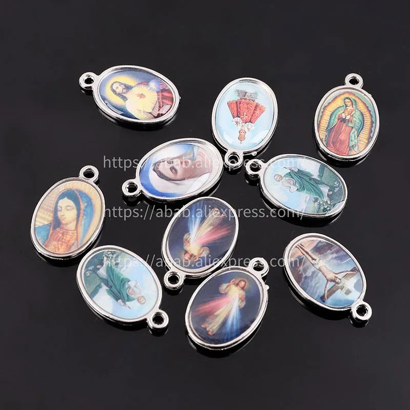 10 pieces/, Catholic style Catholic pendant medal mixed icon, rosary connector three hole religious amulet medal
