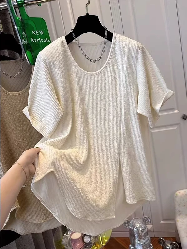 Extra Large 300 Pounds Asymmetrical Slit Short Sleeve T-Shirt Women Summer Casual Loose Ageless Elegant Top Korean Style Commute