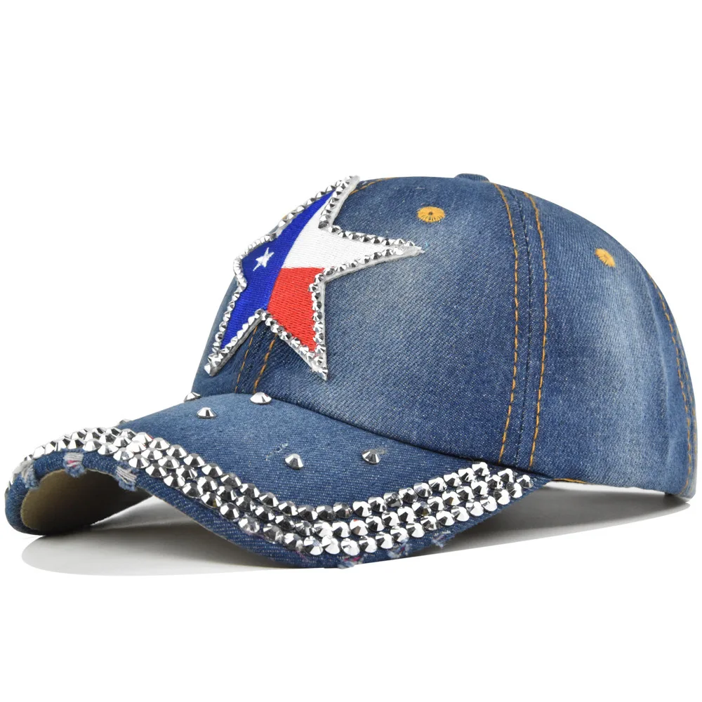 

Vintage Washed Distressed Hats Five-Pointed Star Baseball Texas Dad Hats Cap Couple's Curved Brim Shiny Rhinestone Sun Hat