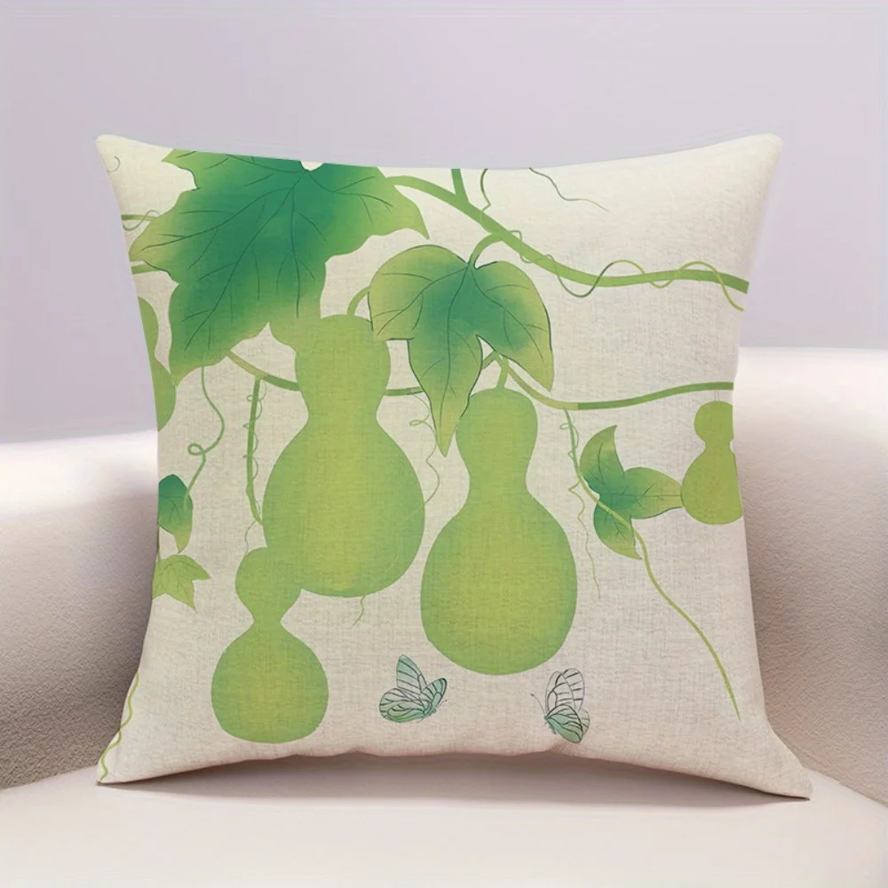 4pcs Chinese Style Vegetable Throw Pillow Covers, Gourd & Luffa with Bird Print Cushion Cases, Serene Farmhouse Home Decor