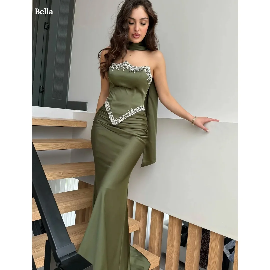 

Bella Customized Olive Satin Prom Dress Rhinestone Trim Halter Cape robes de soirée Mermaid Gown Party Dresses for Evening 2025