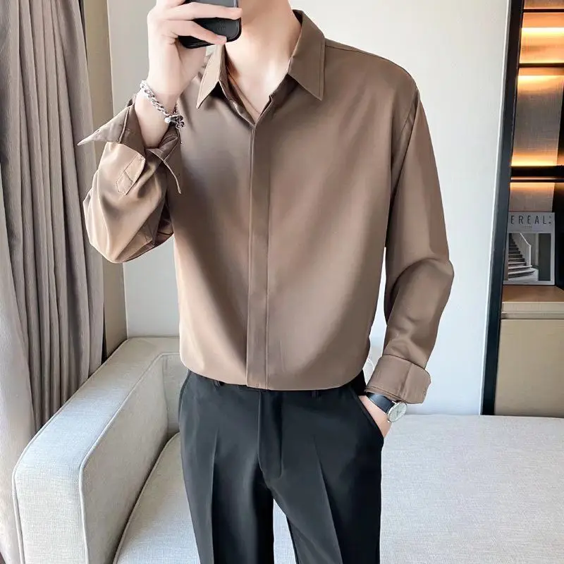 

Temperament Men's Clothing Spring Solid Color Long Sleeve Trend Korean Version Lapel Loose Simplicity Business Leisure Shirt