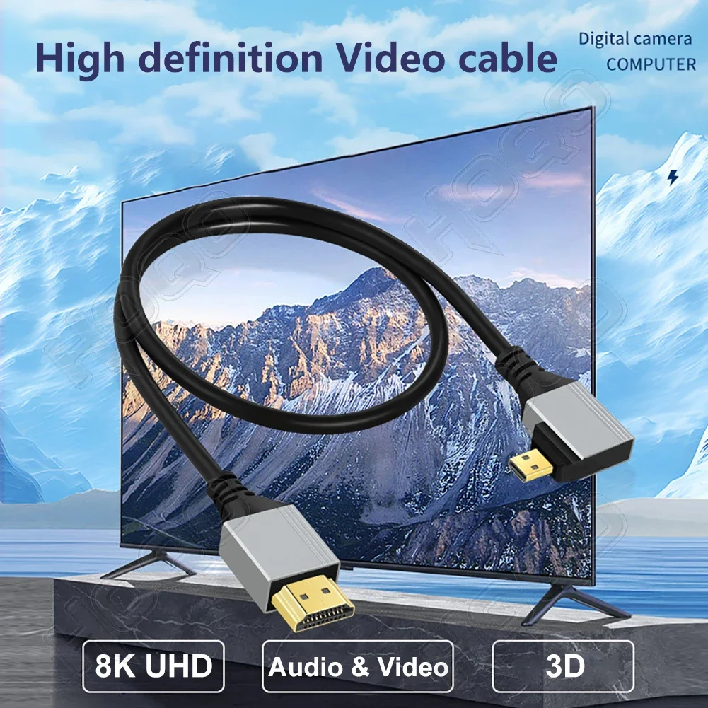 Kabel 8K 60Hz Micro HDMI do HDMI pod kątem 90 stopni Ultracienki przewód wyświetlacza HDCP 3D HDR do laptopa Monitor HDTV Kamera Tablet
