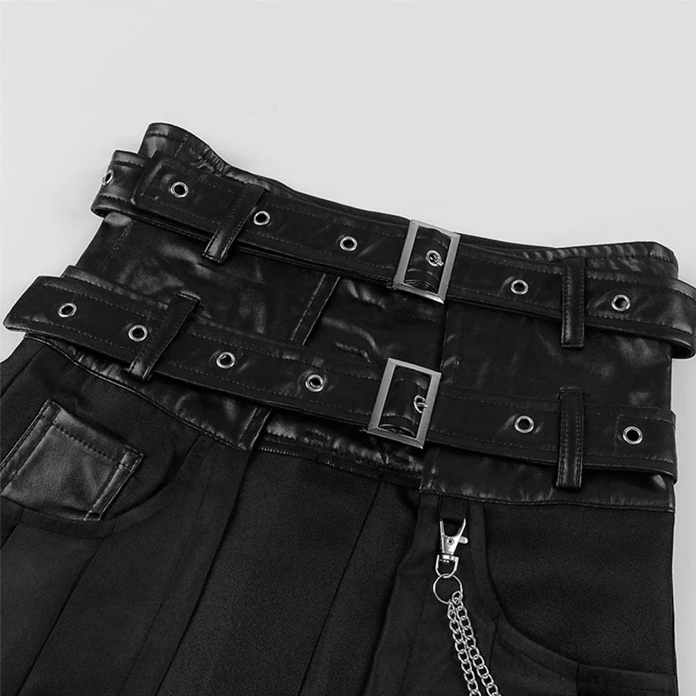 Men Vintage Punk Pleated Skirt Open Front Gothic Leather Belt Medieval Roman Warrior Kilt Chain Design Harujuku Stylish Clothing