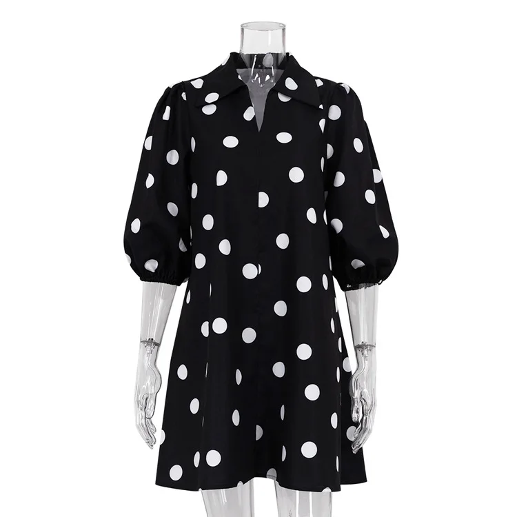 Women's 2024 Autumn New Fashion And Elegant Wave Dot Printed Shirt Collar Dress With Bubble Sleeves A-Line Skirt