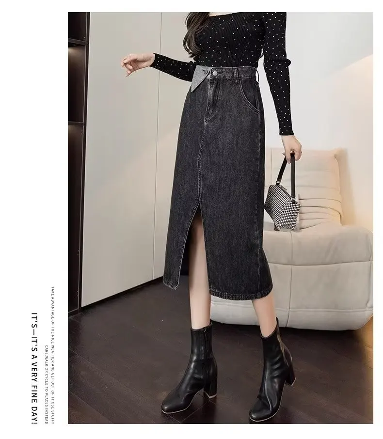 Korean Style Denim Skirt Women's Black-Blue High Waist Long A-line Skirt Design Sense Niche Hip Side-Split Skirt